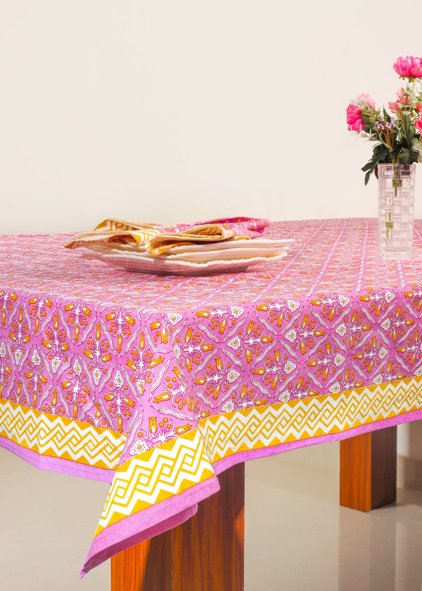 Orchid Luxe Block Print Cotton Tablecloth 60"x90"