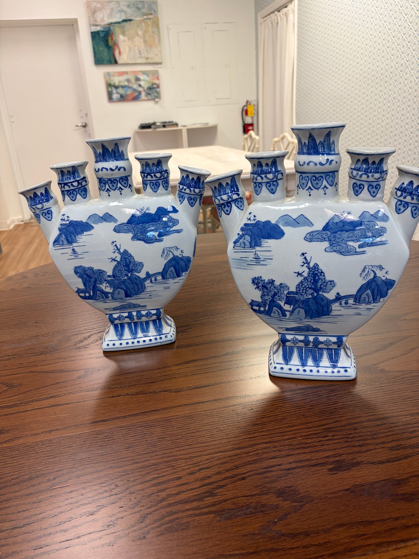 Vintage blue & white ceramic Chinoiserie tulipiere vase from the Canton Collection