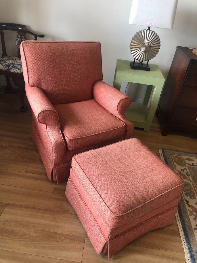 Pair of Tweed Upholstered Club Chairs and Ottomans