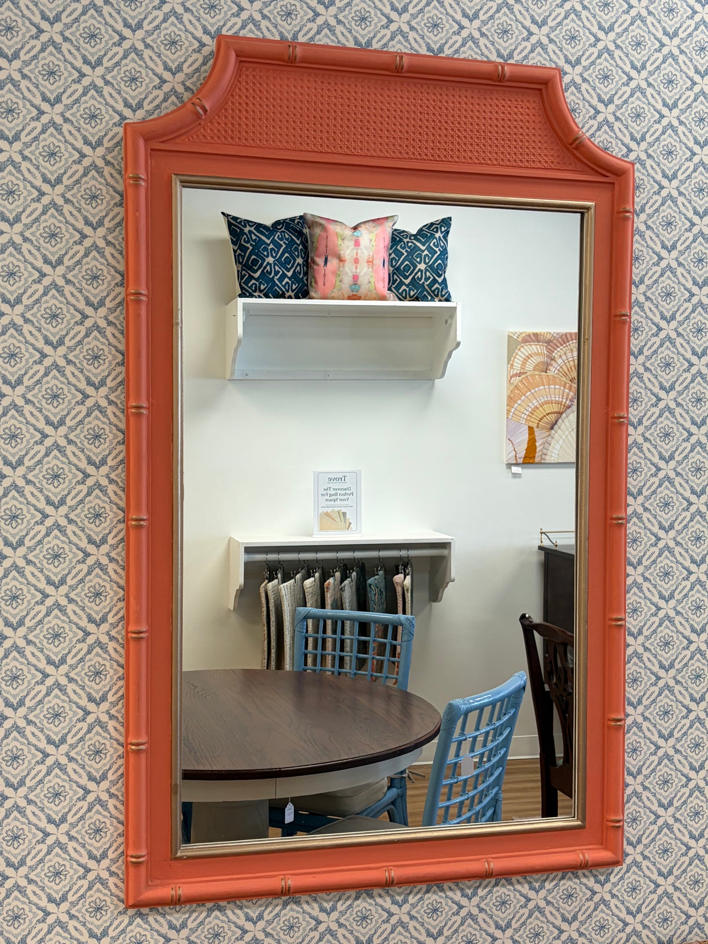 Coral bamboo mirror with gold accents