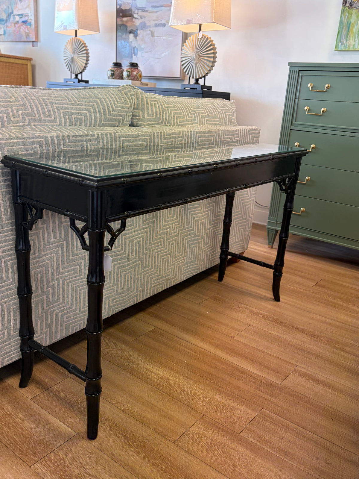 Bamboo black lacquered sofa table with glass top