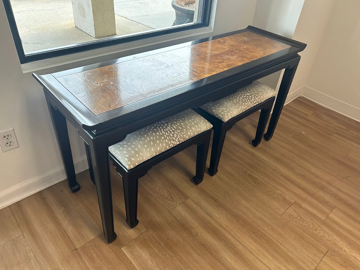 Burled and Mahogany Pagoda Sofa Table and Stools