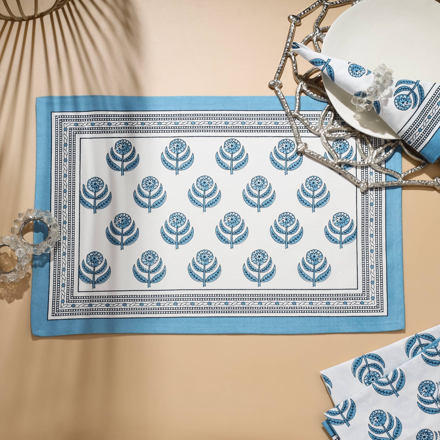 Blue Blooms Block Print Cotton Placemats
