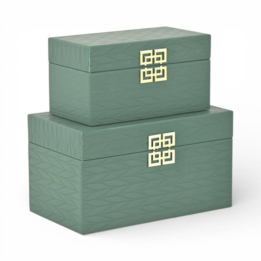 Set of 2 Green Vinyl Leaf Pattern Boxes with Gold Emblem