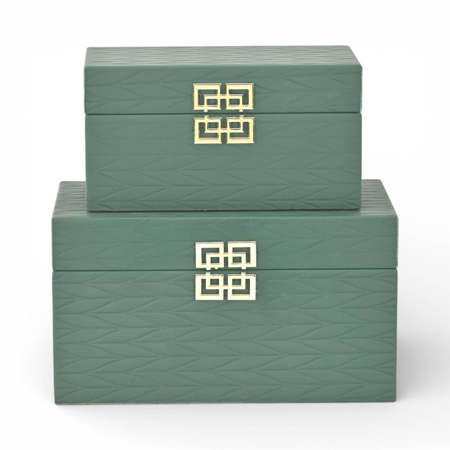Set of 2 Green Vinyl Leaf Pattern Boxes with Gold Emblem