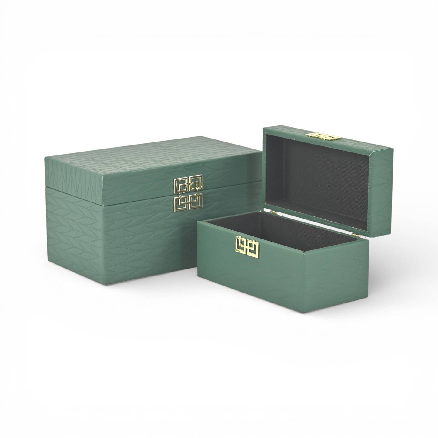 Set of 2 Green Vinyl Leaf Pattern Boxes with Gold Emblem
