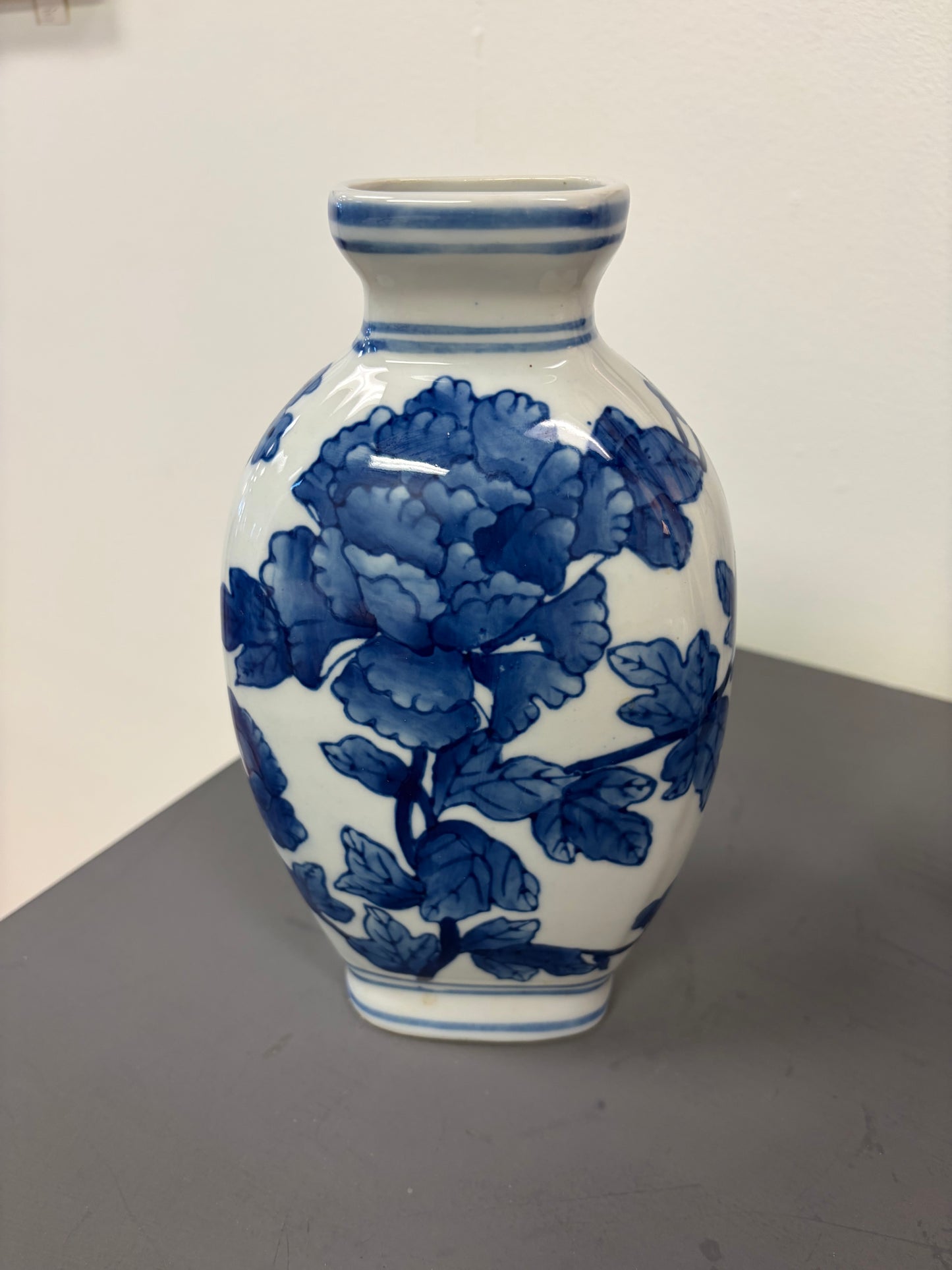 Vintage blue & white oriental vase with peony motif