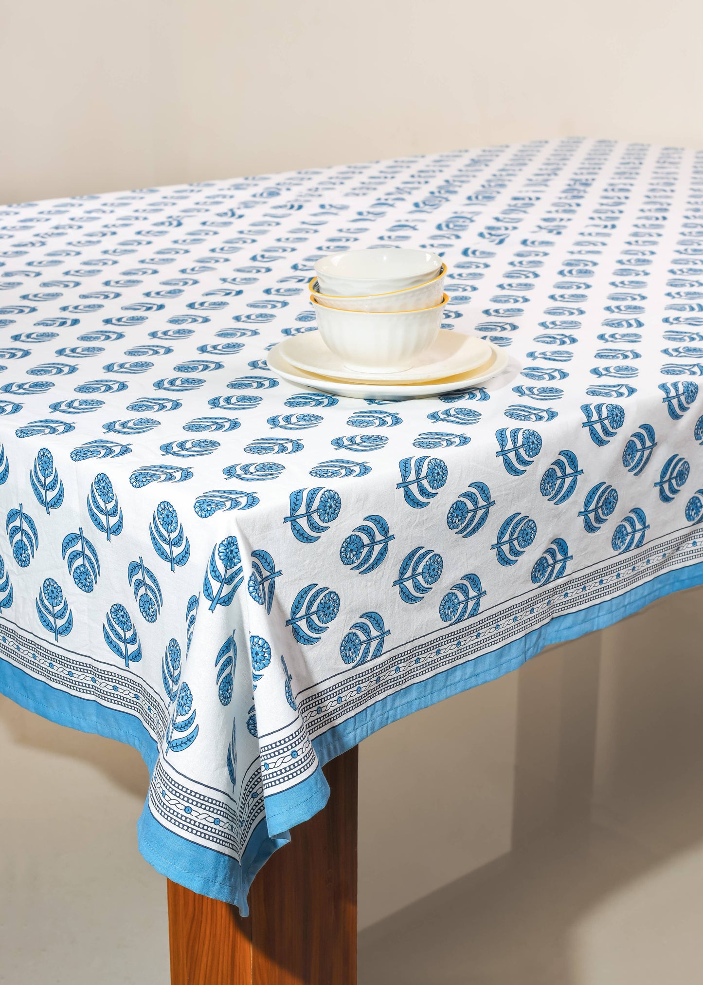 Blue Blooms Block Print Tablecloth 60"x90"