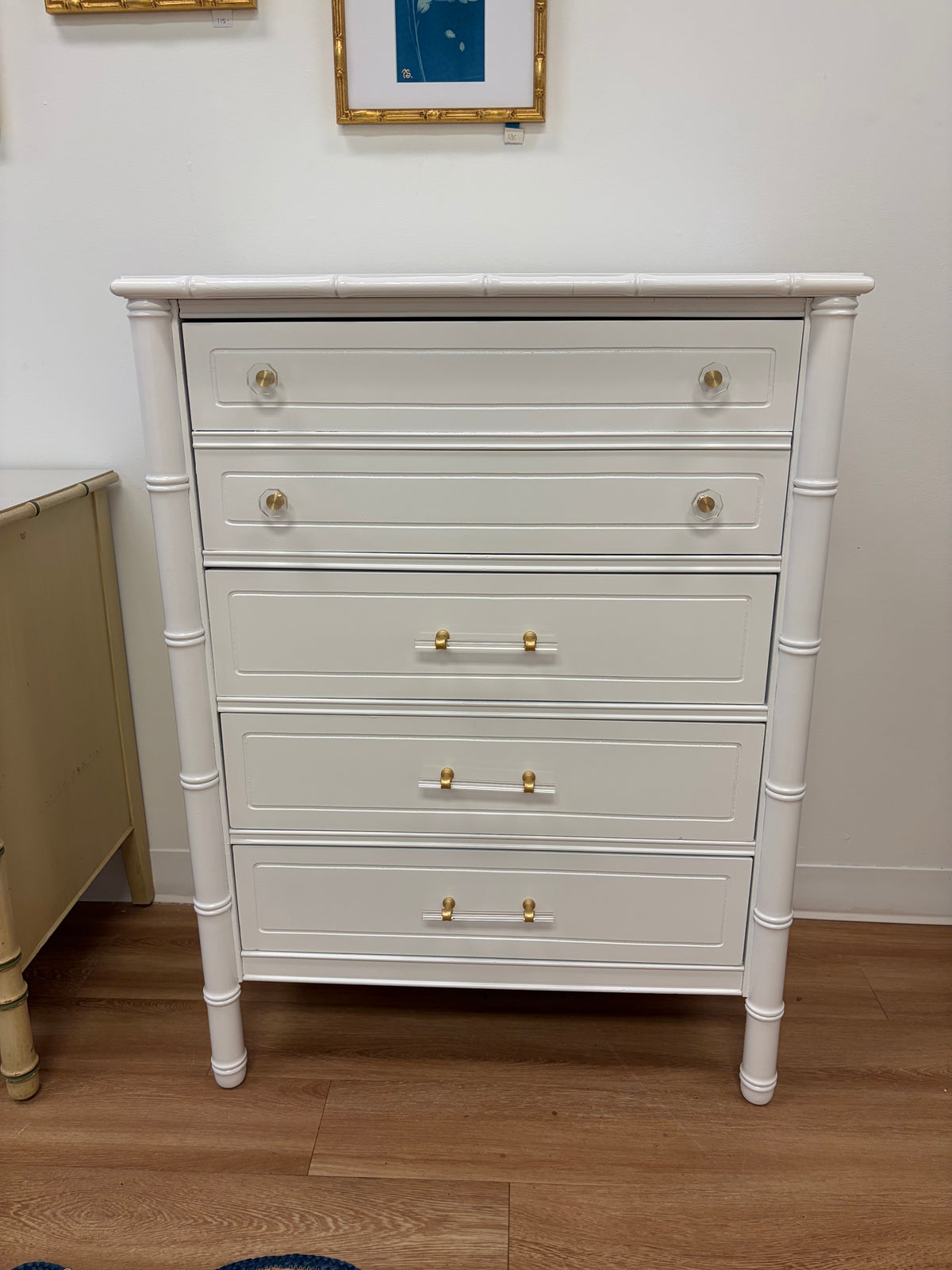 White lacquered faux bamboo chest of drawers