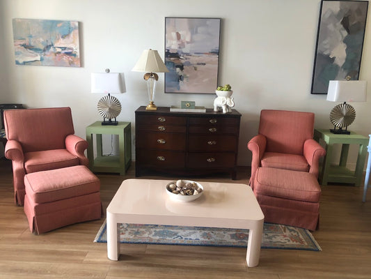 Pair of Tweed Upholstered Club Chairs and Ottomans