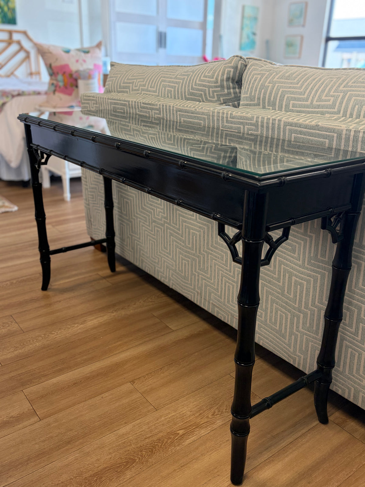 Bamboo black lacquered sofa table with glass top
