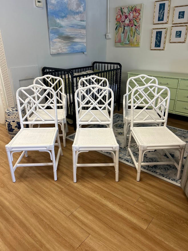 Set of 6 Faux Bamboo Chippendale Chairs Lacquered in White