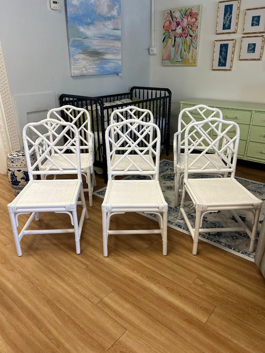 Set of 6 Faux Bamboo Chippendale Chairs Lacquered in White